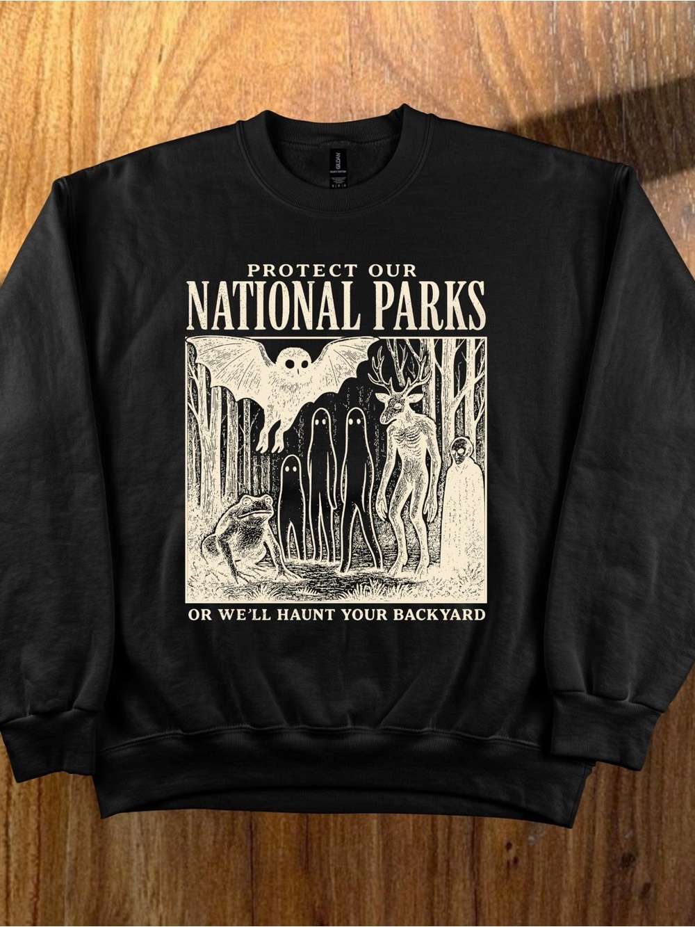 Gildan Black Crewneck with Cream 'Protect Our National Parks' Graphic
